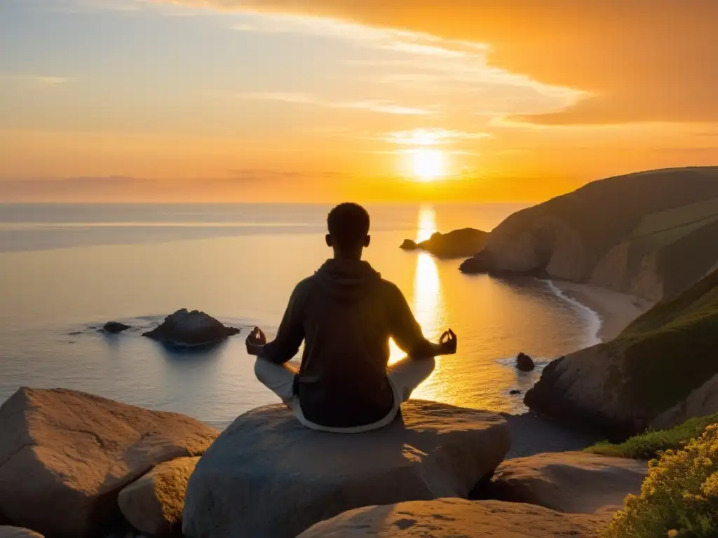 Persona meditando en un acantilado al atardecer, reflejando calma y paz