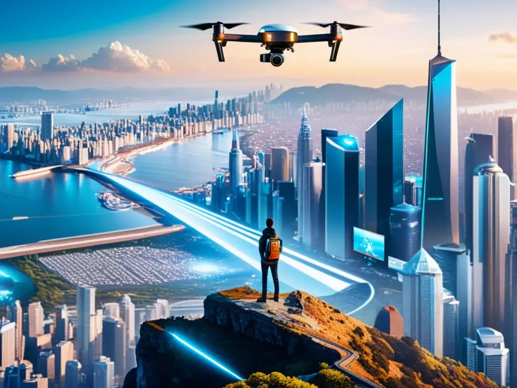 Persona en acantilado contempla ciudad futurista, drones y hologramas