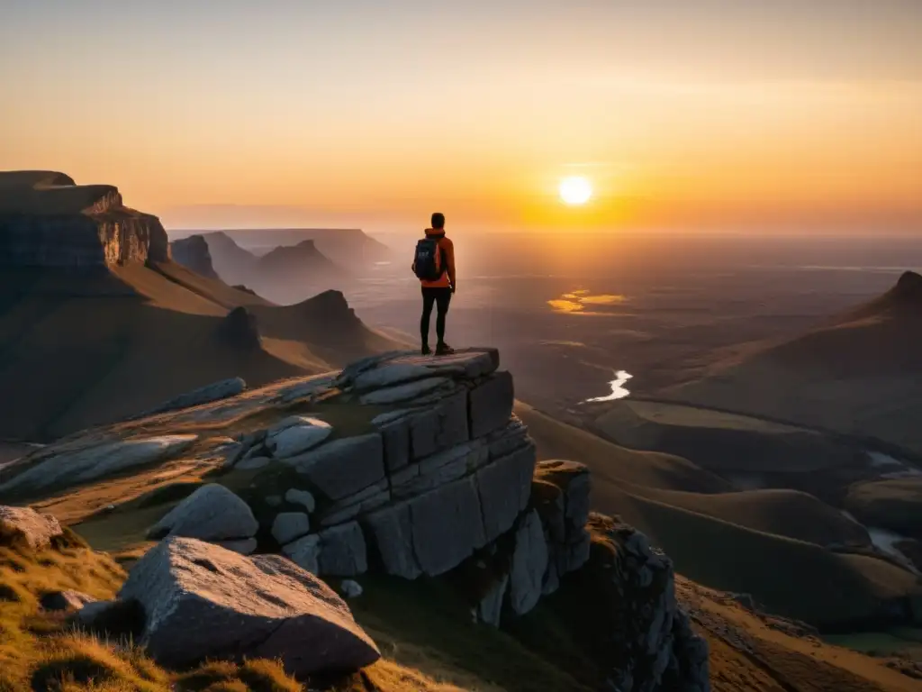 Persona en acantilado mirando al horizonte al atardecer, simbolizando el desarrollo personal con concepto superhombre
