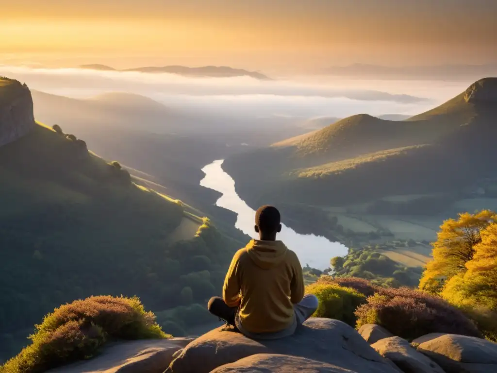 Persona en meditación en acantilado al amanecer, transmitiendo paz y serenidad