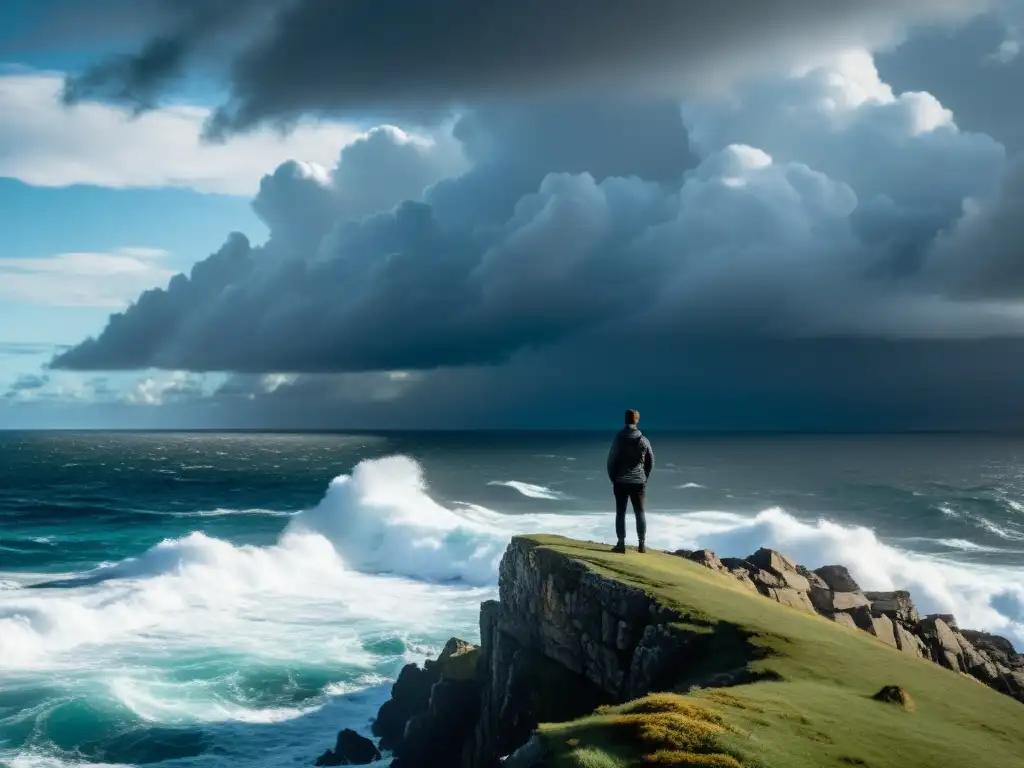 Persona en acantilado rocoso, frente a océano turbulento, reflejando contemplación estoica en mundo acelerado