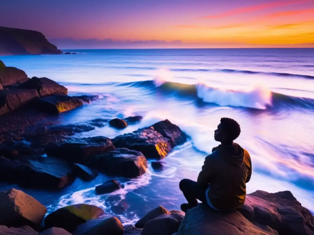 Persona en meditación sobre un acantilado rocoso, contemplando el océano al atardecer
