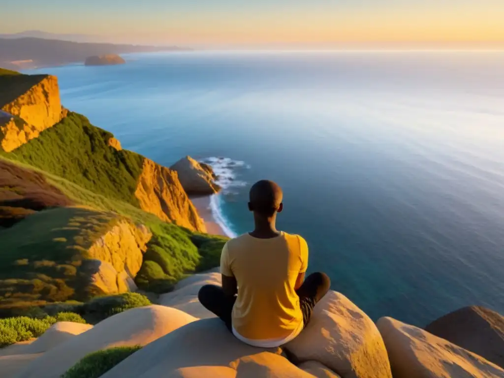 Persona meditando en un acantilado rocoso, mirando un vasto y tranquilo océano al atardecer