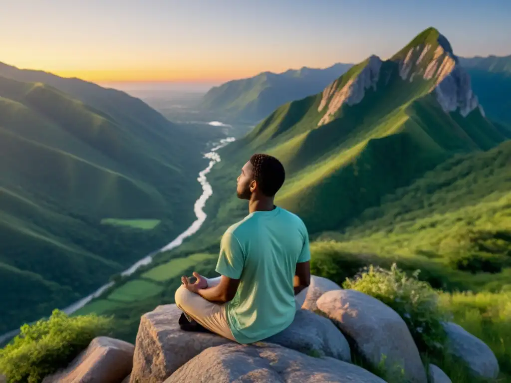 Persona meditando en un acantilado, rodeada de montañas verdes y un amanecer colorido, transmitiendo equilibrio y tranquilidad en la era digital