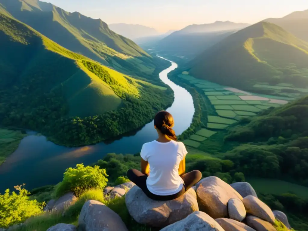 Persona meditando en un acantilado, rodeada de naturaleza serena