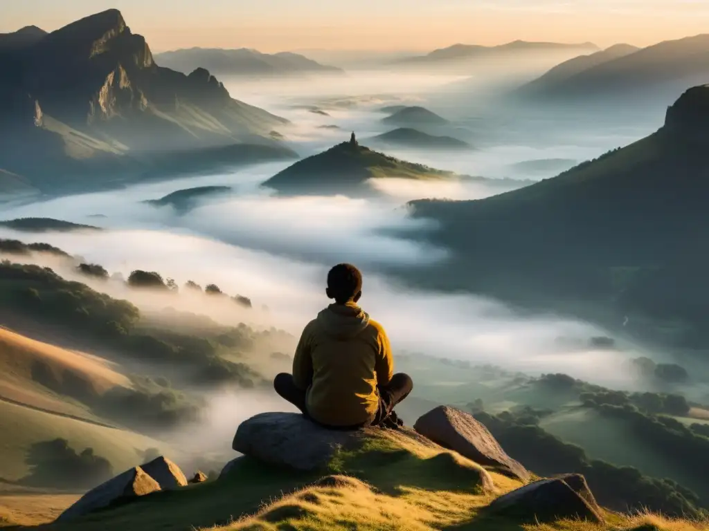 Persona en meditación en acantilado, contemplando valle neblinoso al amanecer