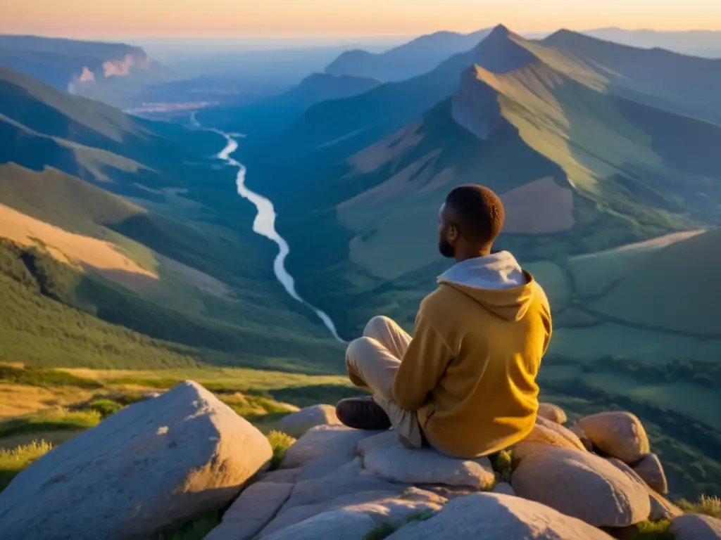 Persona en meditación en un acantilado, contemplando la vasta belleza de las montañas al atardecer, usando el mindfulness como herramienta filosófica
