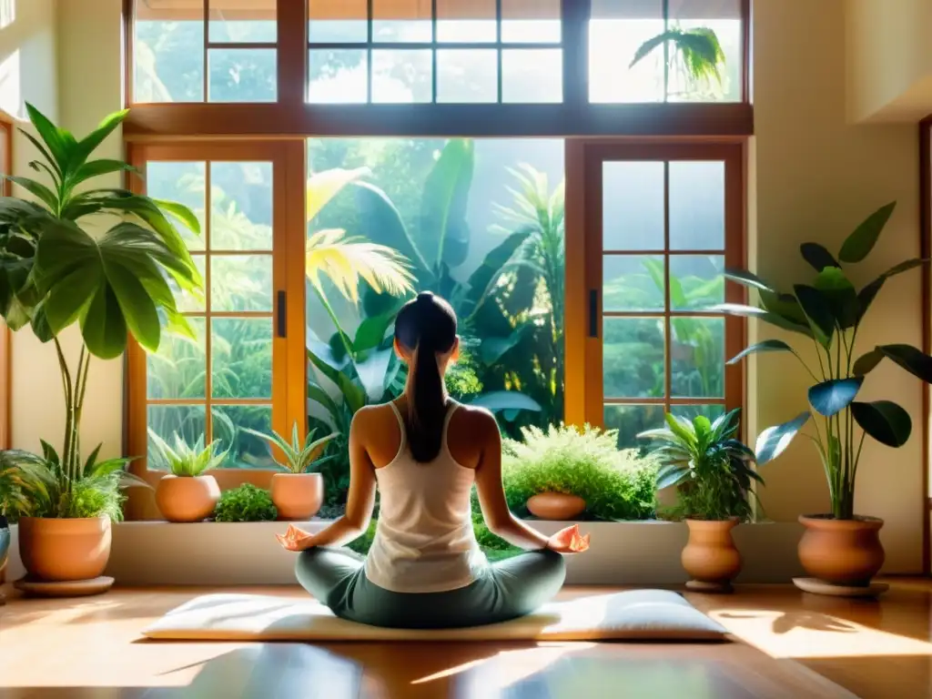 Persona meditando en un ambiente sereno y luminoso con vista a un jardín exuberante, mostrando la meditación para mantener mente ágil