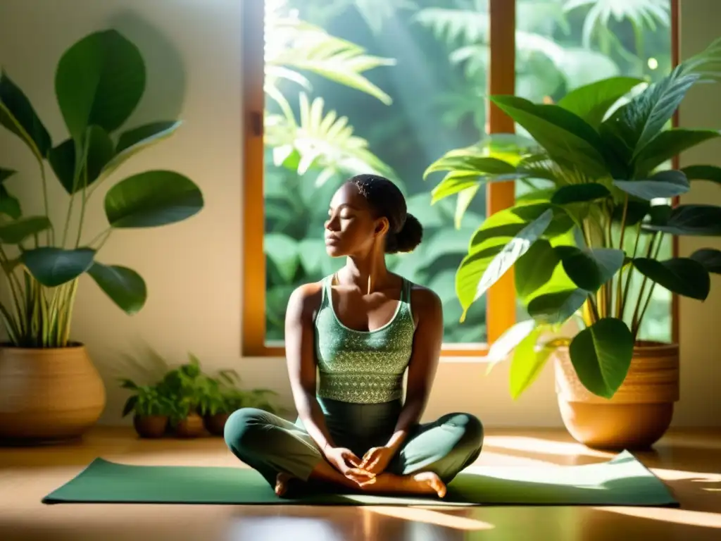 Una persona meditando en un ambiente sereno y luminoso, rodeada de plantas