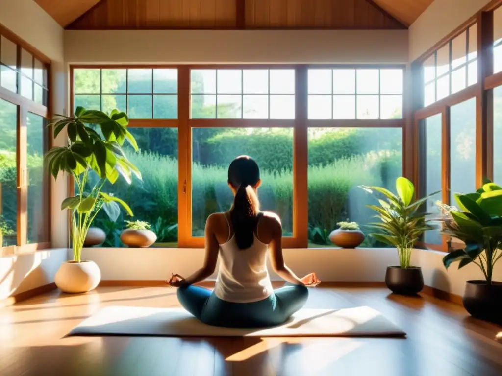 Persona meditando en un ambiente sereno y luminoso con vista a un jardín tranquilo