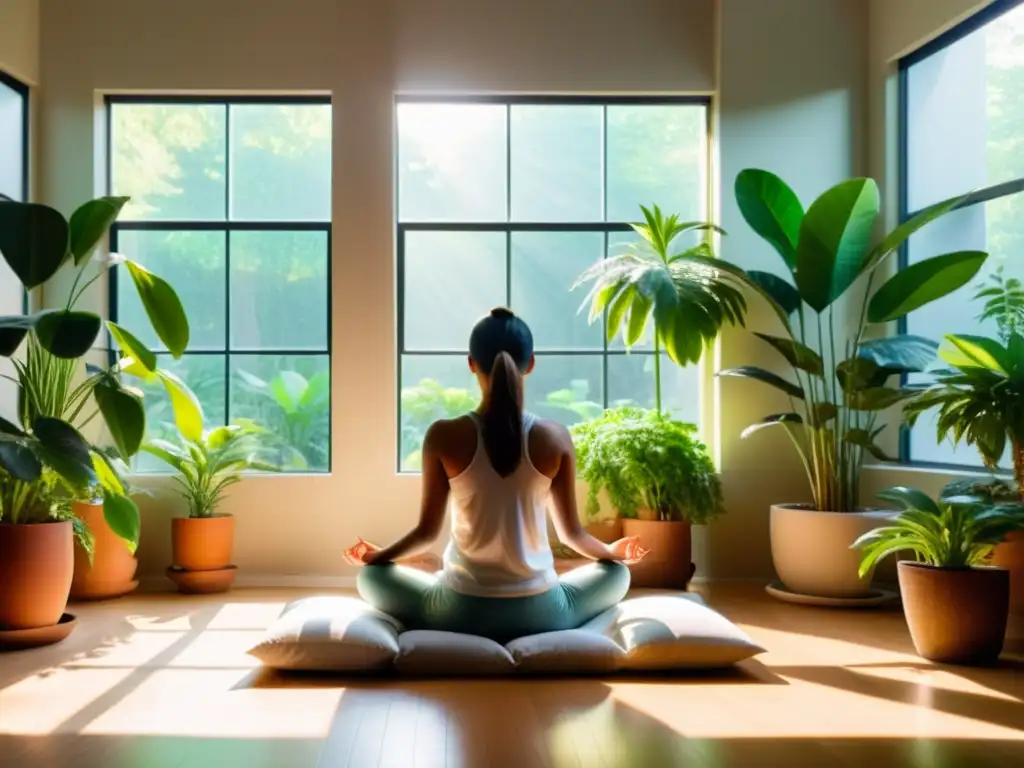 Persona meditando en un ambiente sereno con luz natural, evocando los beneficios de la meditación para la gratitud
