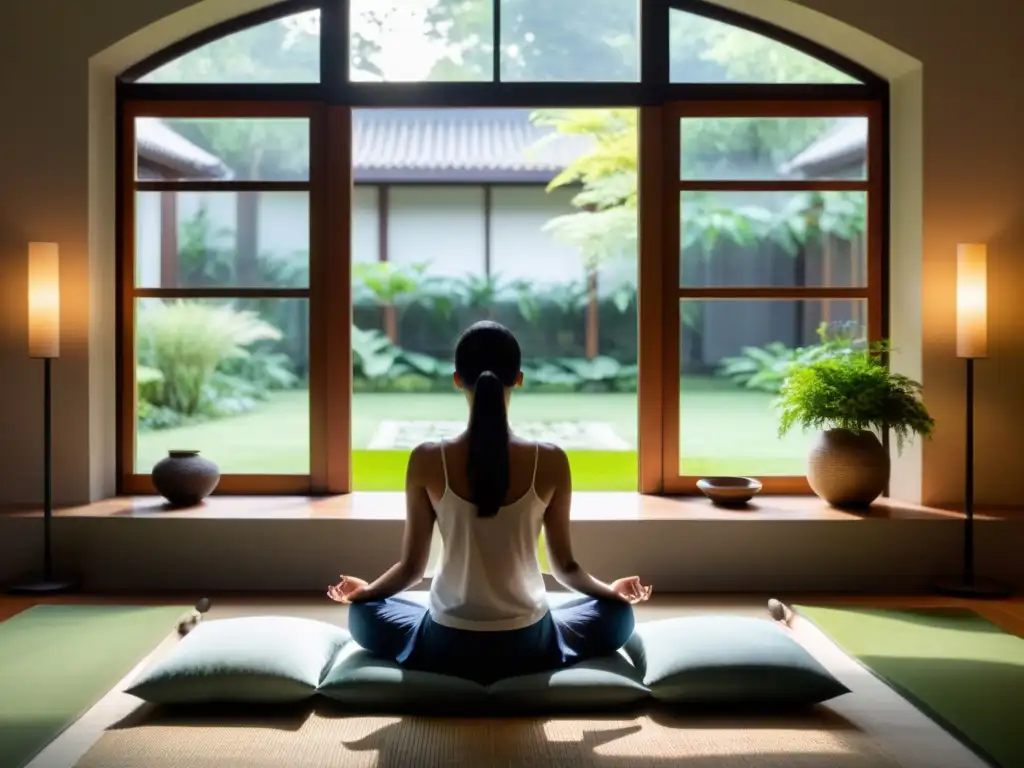 Persona meditando en un ambiente sereno con vista a un jardín tranquilo, transmitiendo calma y paz interior, beneficios meditación manejo estrés
