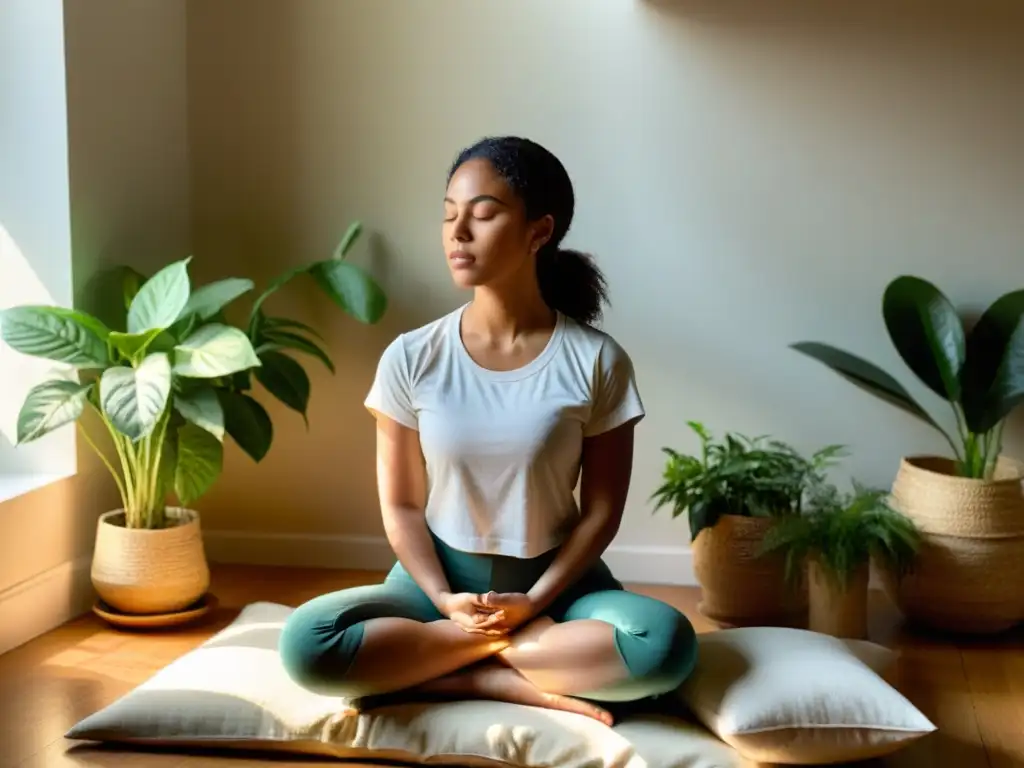 Persona meditando en un ambiente tranquilo con plantas y luz suave