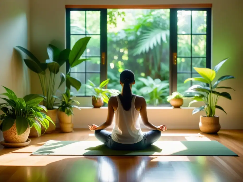 Persona meditando en un ambiente tranquilo y soleado, rodeada de plantas verdes, inspirando una atmósfera de mindfulness y decisiones éticas