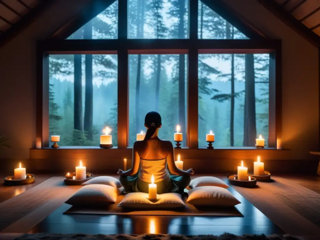 Persona meditando en un ambiente tranquilo con velas e incienso