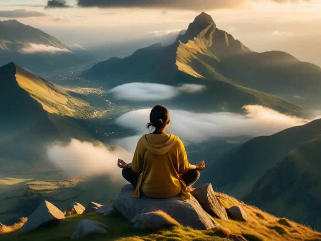 Persona practicando mindfulness para ansiedad en la cima de la montaña, rodeada de serenidad y luz dorada