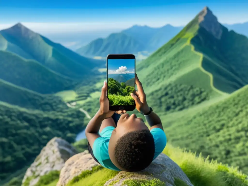 Persona en montaña con app de Equilibrio Mindfulness era digital