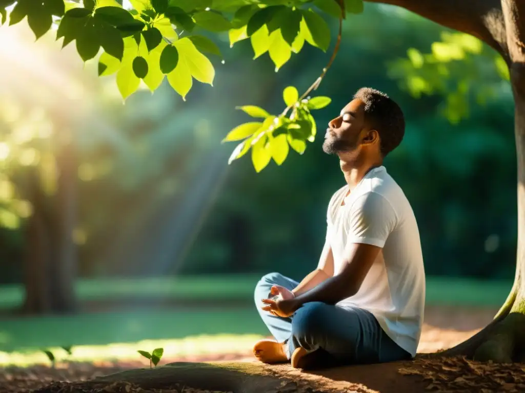 Persona en meditación, bajo un árbol, en profunda concentración