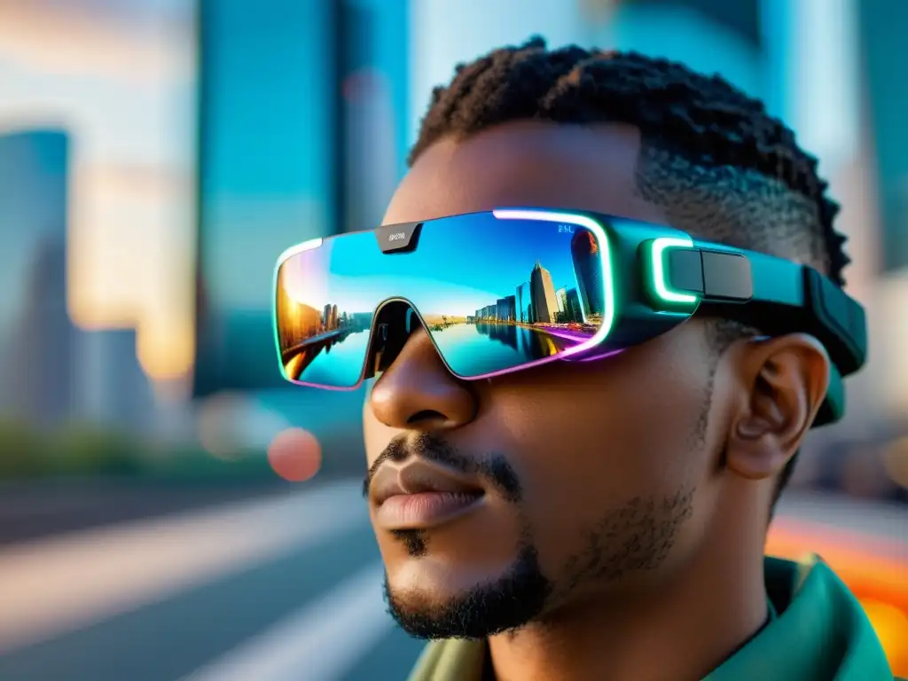 Persona asombrada con gafas de realidad aumentada, reflejando una ciudad vibrante y digital