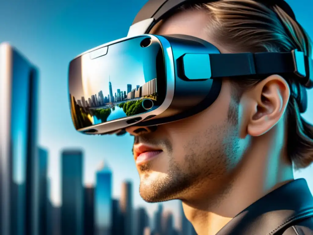 Persona asombrada con gafas de realidad virtual y reflejo de ciudad futurista