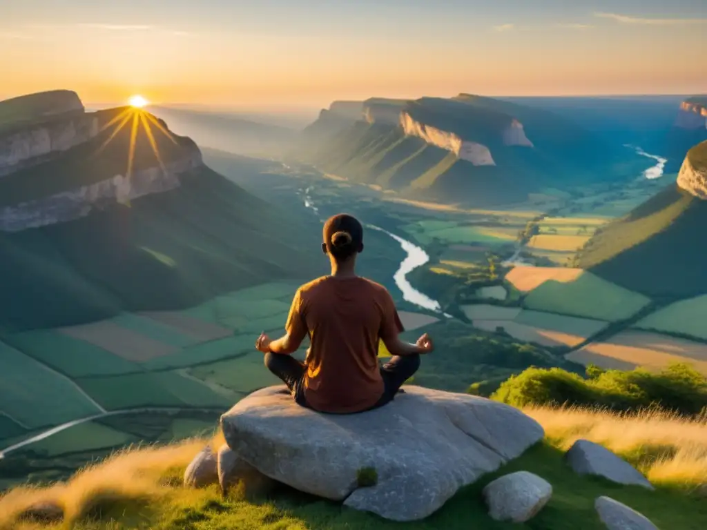 Persona en meditación, al atardecer en acantilado, transmite paz interior