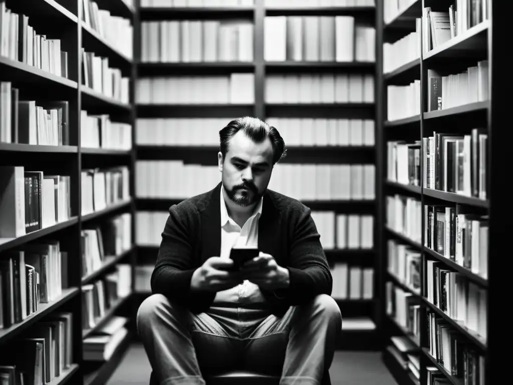 Persona leyendo a Nietzsche en una atmósfera reflexiva, rodeada de libros