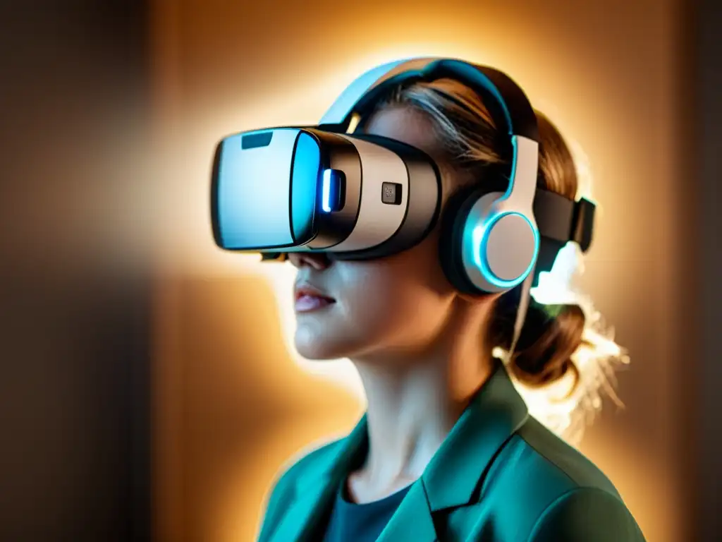 Una persona con auriculares de realidad virtual muestra una expresión reflexiva mientras la interfaz digital se refleja en sus ojos