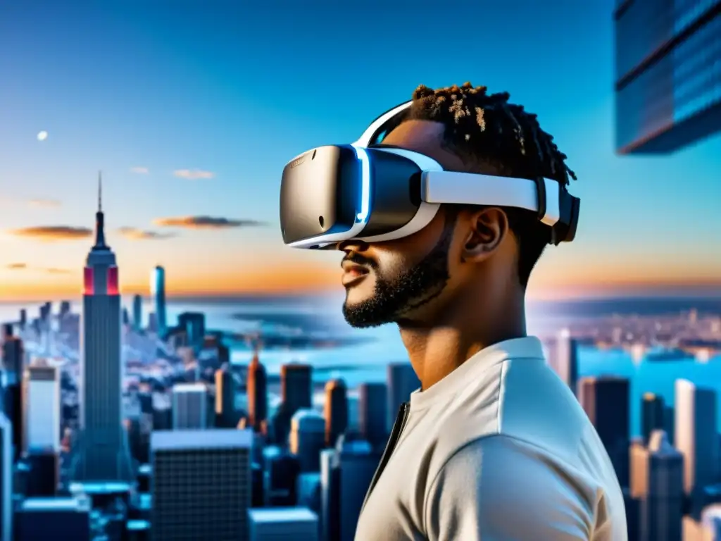 Persona con auriculares de realidad virtual admirando ciudad futurista