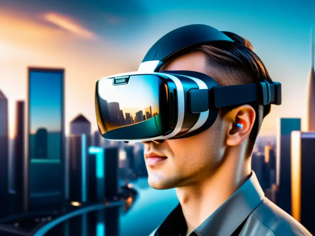 Persona con auriculares de realidad virtual, reflejando tecnología futurista en los ojos