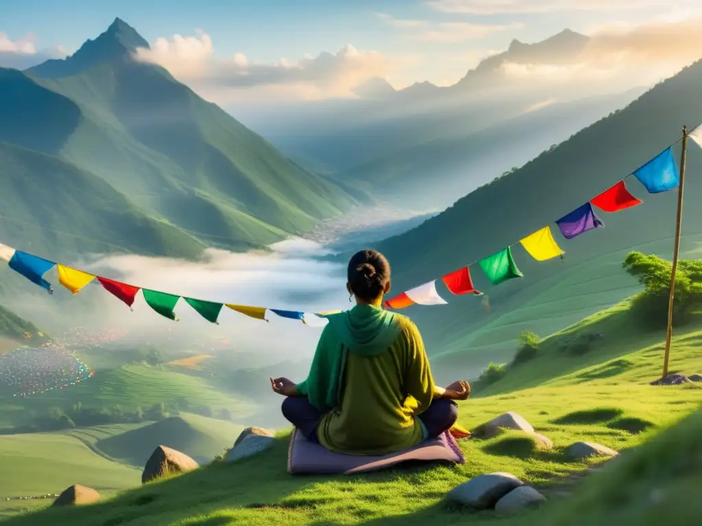 Persona meditando en la montaña con banderas de oración y atardecer cálido