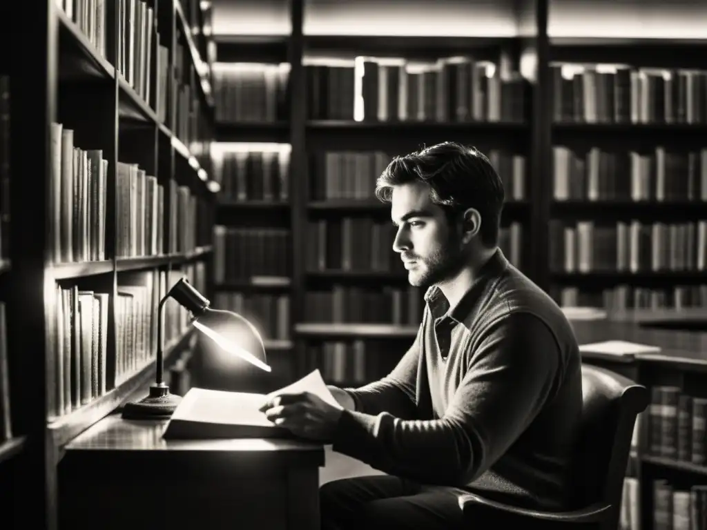 Persona leyendo en biblioteca antigua, iluminada por luz cálida
