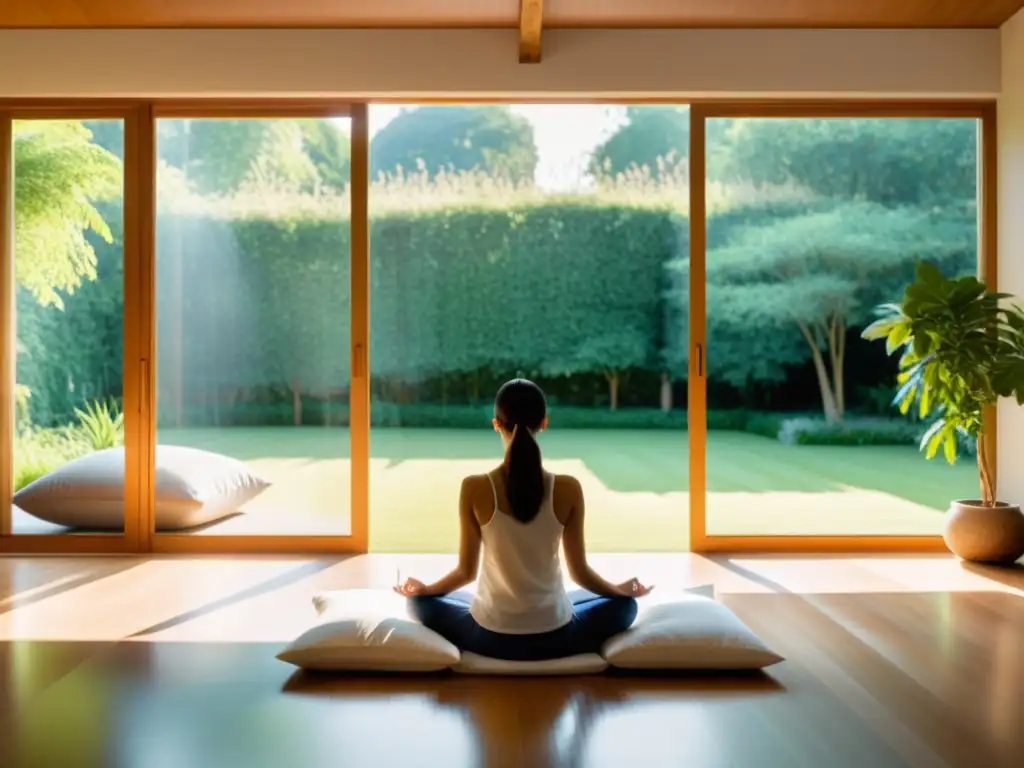 Persona practicando mindfulness para bienestar emocional en habitación serena con luz natural y conexión a la naturaleza