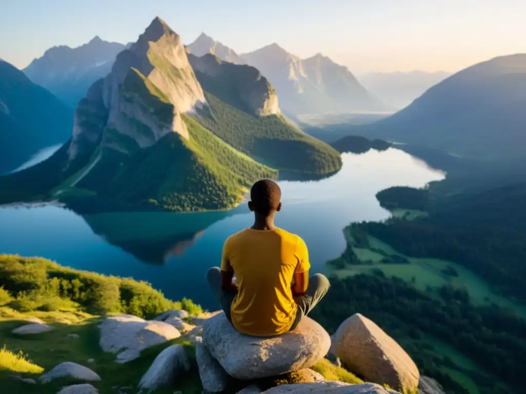 Persona en meditación en el borde de un acantilado, en un paisaje montañoso y un lago tranquilo, en un resplandor dorado