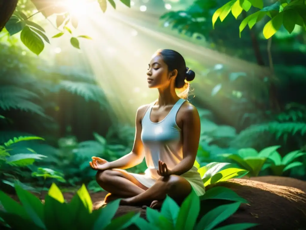 Persona meditando en un bosque sereno, con beneficios de la meditación trascendental