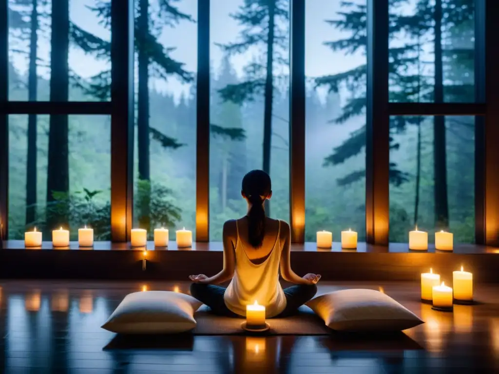 Persona meditando en un bosque tranquilo, rodeada de velas