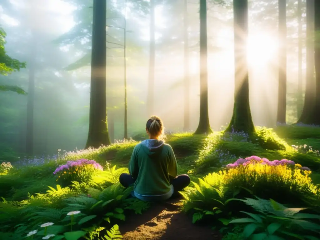 Persona meditando en un bosque verde y exuberante, evocando calma y conexión con la naturaleza