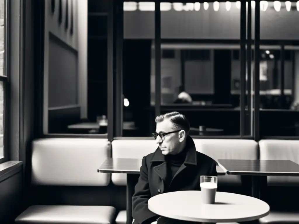 Persona reflexionando en café, con libro 'El ser y la nada' de Sartre, evocando principios morales en existencialismo