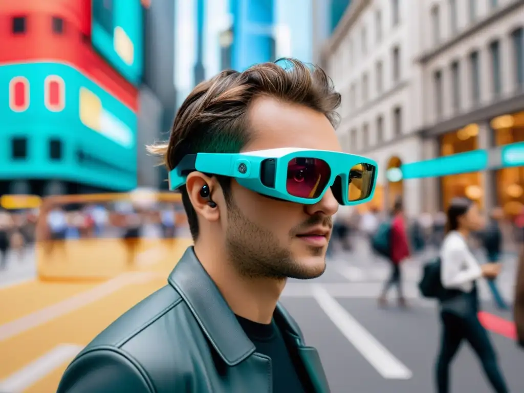 'Persona en la calle de la ciudad usando gafas de realidad aumentada, asombrada por la interacción con objetos virtuales