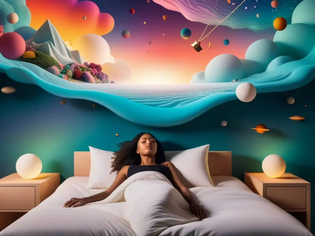 Una persona en la cama, rodeada de un paisaje onírico con objetos flotantes y colores vibrantes