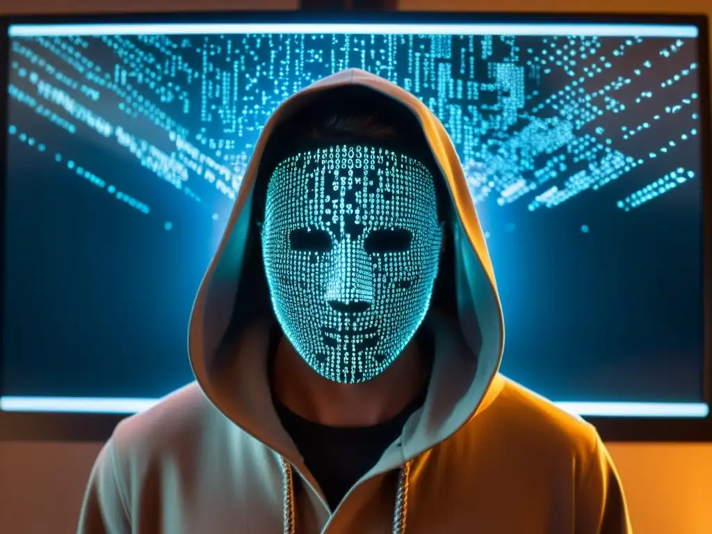 Persona con capucha frente a pantalla de código, evocando misterio y privacidad en blockchain y filosofía