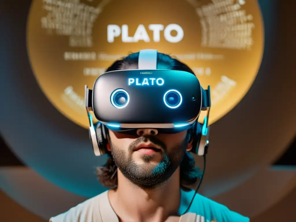 Persona usando un casco de realidad virtual con símbolos filosóficos griegos proyectados