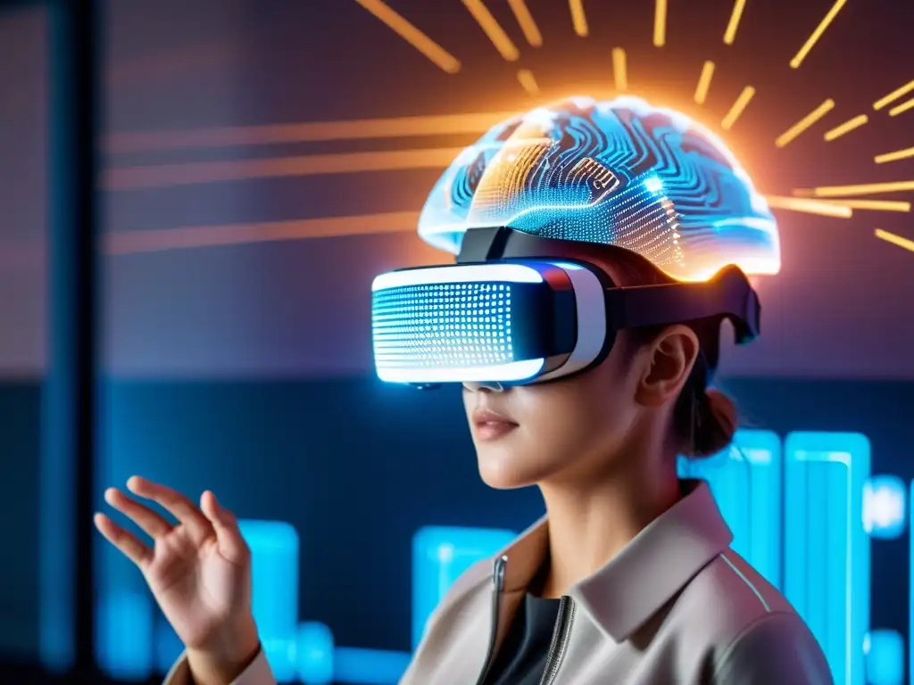 Persona usando casco VR, tocando proyección holográfica de cerebro humano en ambiente tecnológico futurista
