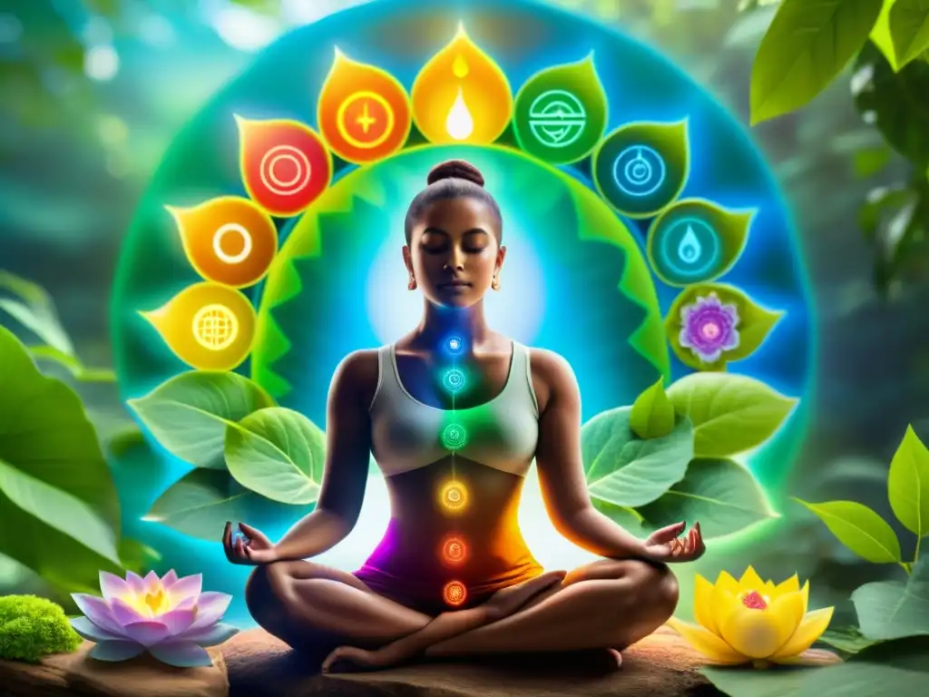Persona meditando con los siete chakras vibrantes y energéticos en un escenario natural sereno, simbolizando el flujo armonioso de energía