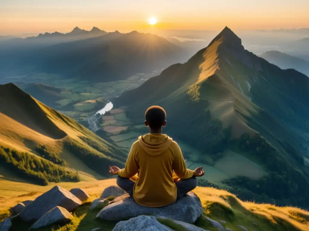 Persona en meditación en la cima de la montaña al amanecer, iluminada por la luz dorada