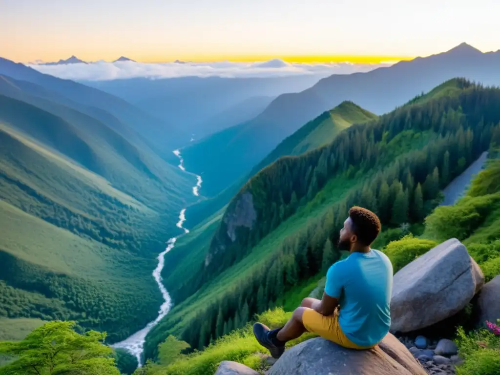 Persona meditando en la cima de la montaña al atardecer, rodeada de naturaleza