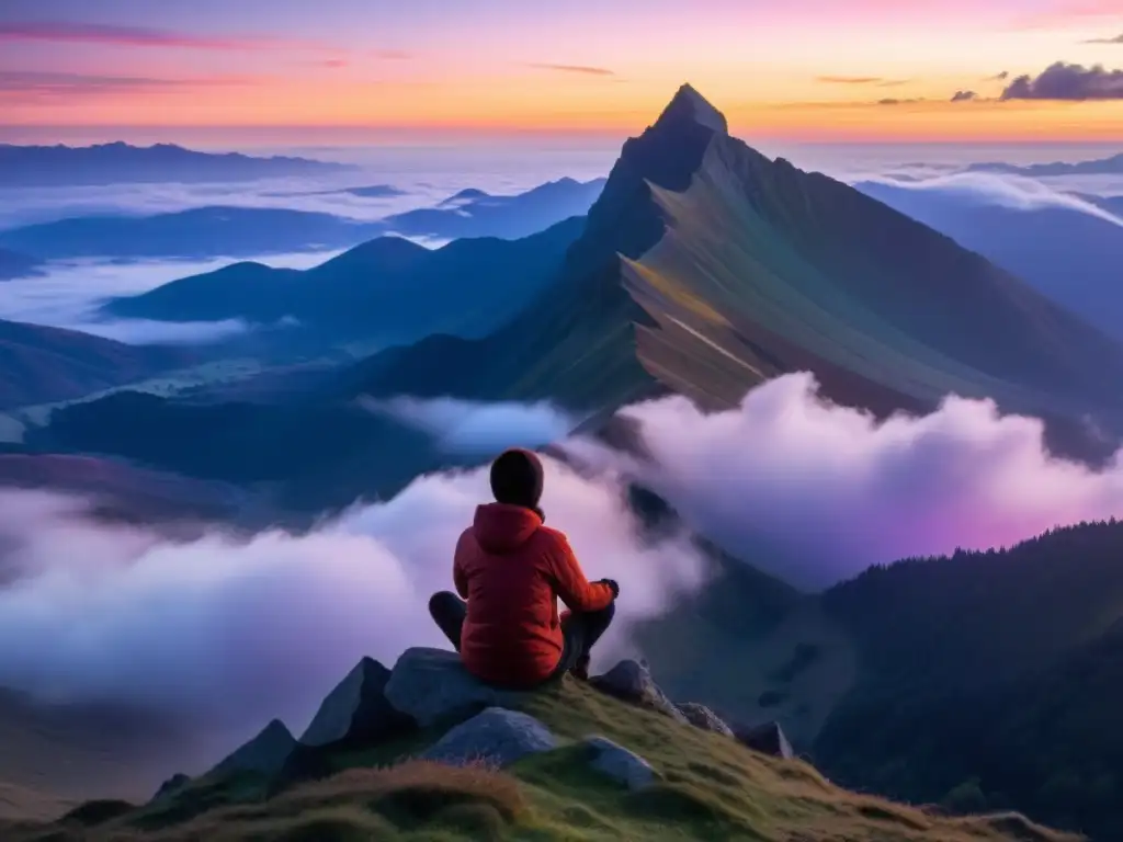 Una persona medita en la cima de una montaña al atardecer, rodeada de un paisaje sereno y brumoso