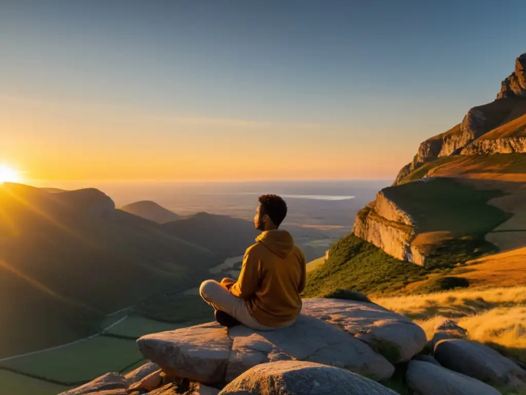 Persona en la cima de una montaña, contemplando la puesta de sol, transmitiendo calma y paz interior