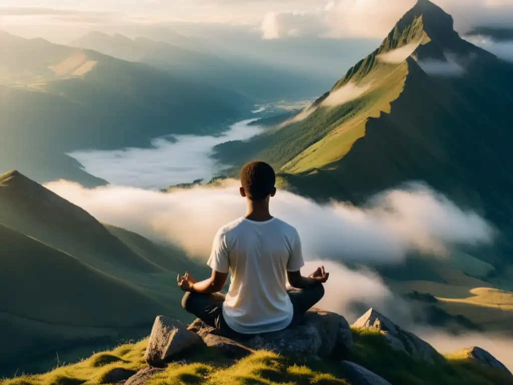 Persona en meditación en la cima de una montaña, rodeada de valles neblinosos, irradiando paz interior