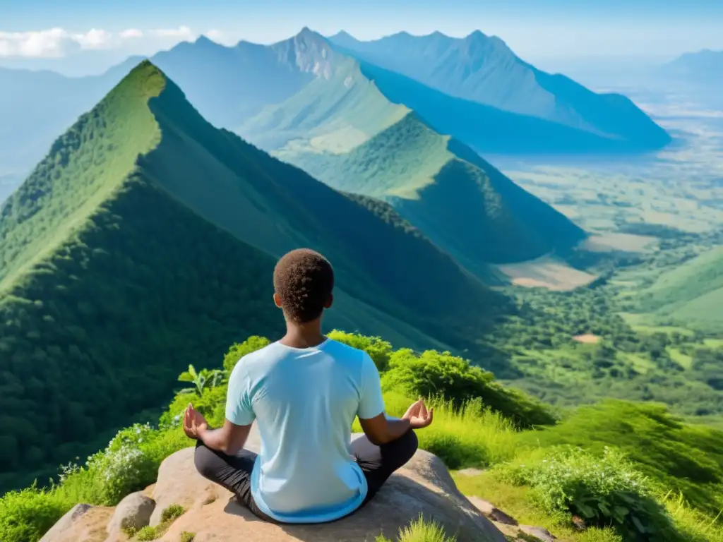 Persona meditando en la cima de una montaña, rodeada de naturaleza exuberante y cielo azul