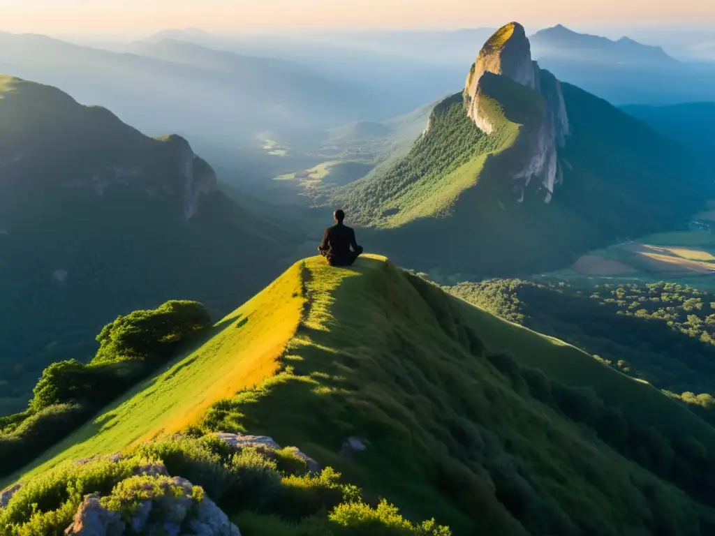 Persona meditando en la cima de una montaña, rodeada de naturaleza exuberante, en un momento de introspección y conexión espiritual